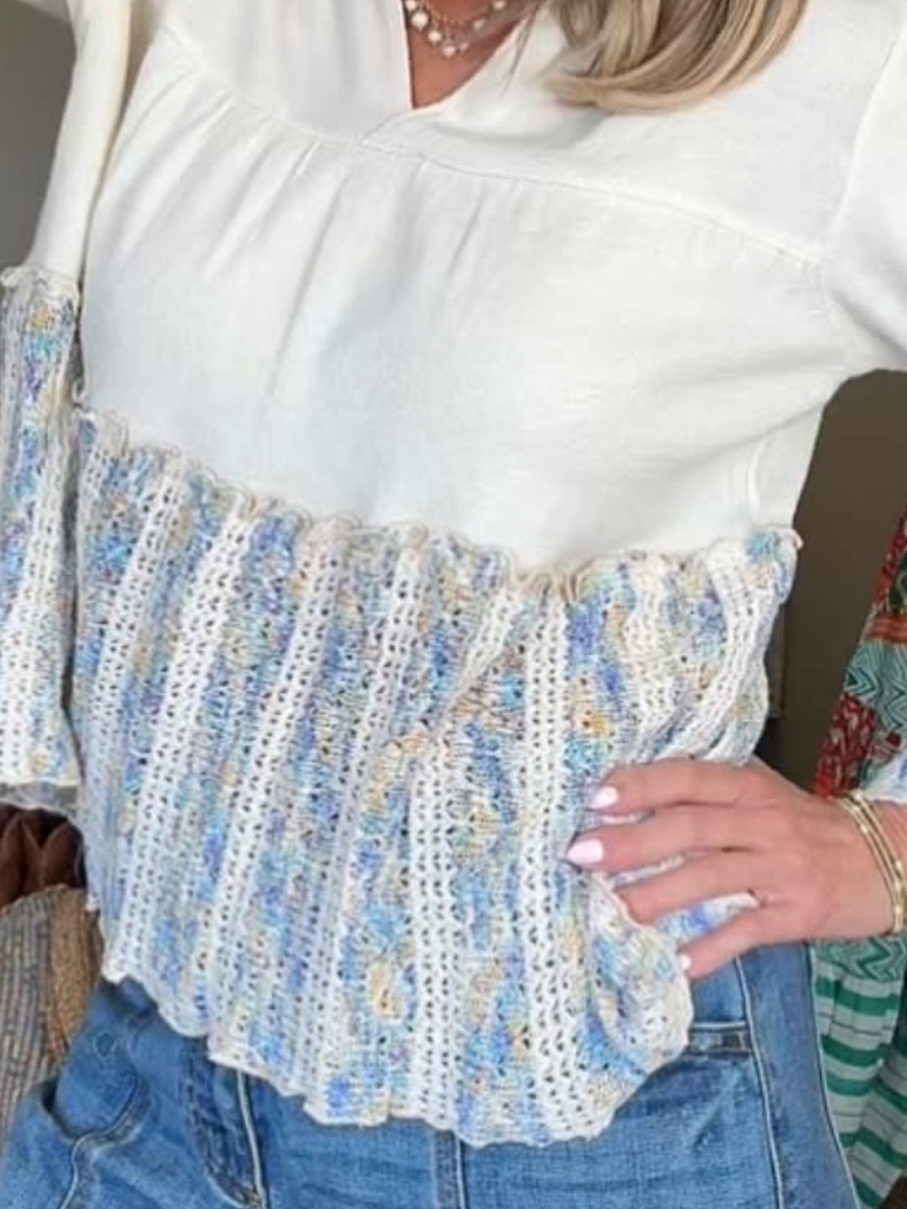 Cozy Knit Top in Off White with Blue & Tan Speckle with Lace Bell Sleeves